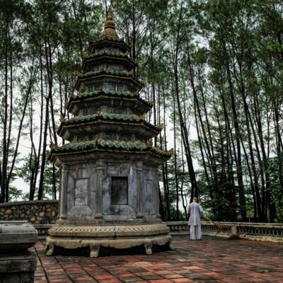 A person standing in front of a pagoda in the woods